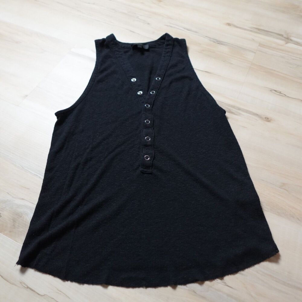 The Range Women Small Tank Top‎ Linen Blend Ribbed 1/4 Button Snap Black